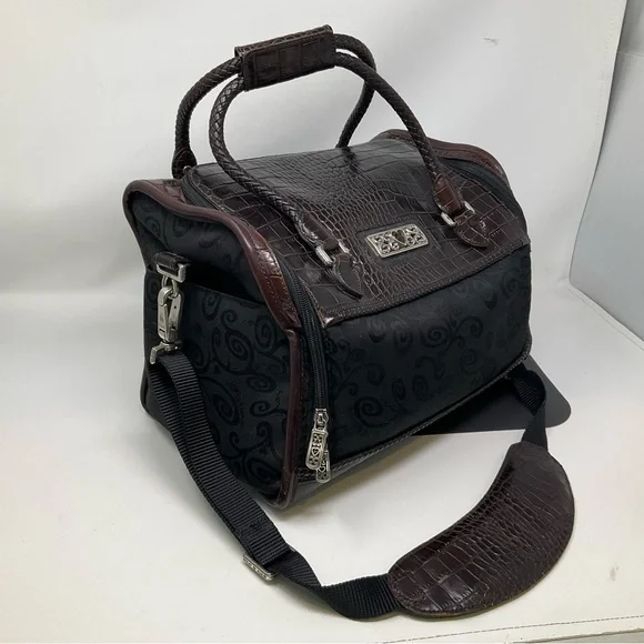 Brighton Lansky Black & Brown Croc Embossed Leather Weekender Travel Duffle Bag